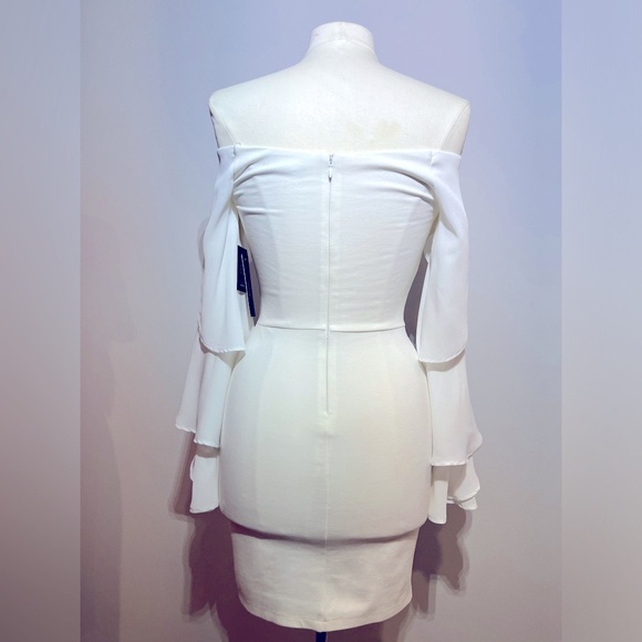 WHITE MIDI OFF THE SHOULDER DRESS WITH CHIFFON FLUTTER SLEEVES - Picture 5 of 9